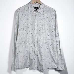 A.P.C. White Splatter Dot Print Long Sleeve Cotton Button Up Dress Shirt Size L